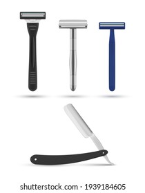 Bundle of realistic male metal razors for wet shaving, vector flat illustration. Collection of sharp shave equipment for hygiene or hairstyle isolated on white. Set of beard haircut accessories