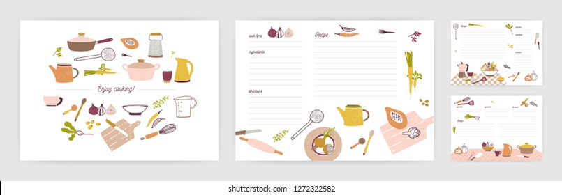 Bundle of recipe card templates for making notes about preparation of food and cooking ingredients. Clean cookbook pages decorated with colorful kitchen utensils and vegetables. Vector illustration