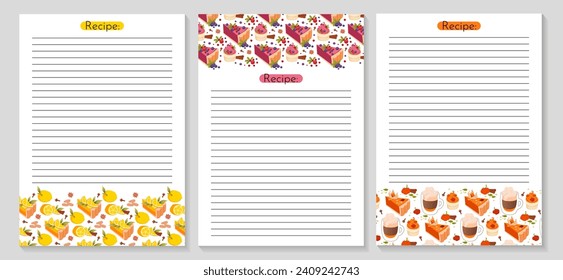 Bundle of recipe card templates for making notes about preparation of food and cooking ingredients. Clean cookbook pages decorated with pattern of lemon, pumpkin and berry pies. Vector illustration