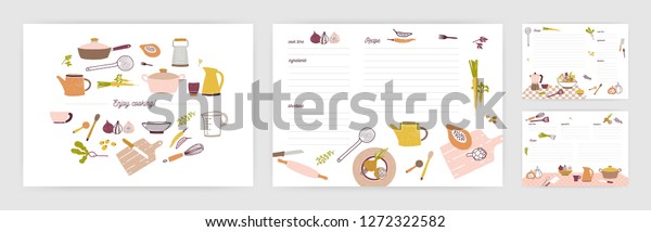 Bundle of recipe card templates for making\
notes about preparation of food and cooking ingredients. Clean\
cookbook pages decorated with colorful kitchen utensils and\
vegetables. Vector\
illustration