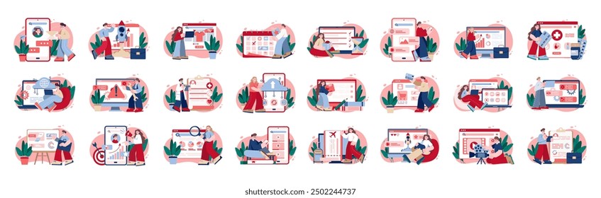 Bundle of red concepts with people scene in flat cartoon design. Career, social media, planing, traveling and many other topics are depicted in this collection. Vector illustration.