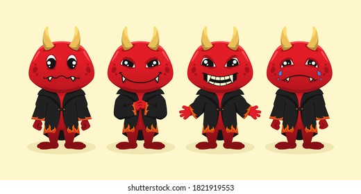 Bundle of red devils cartoon character in any poses and expression. vector illustration