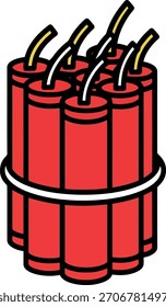 Un Paquete de palos de dinamita roja atados con una banda blanca, con múltiples fusibles amarillos y dorados que sobresalen de la parte superior.