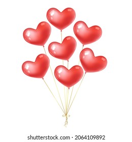 Bundle of red realistic heart shaped balloons isolated on white background. Design element for Valentine's day, wedding, birthday.Vector stock illustration. 