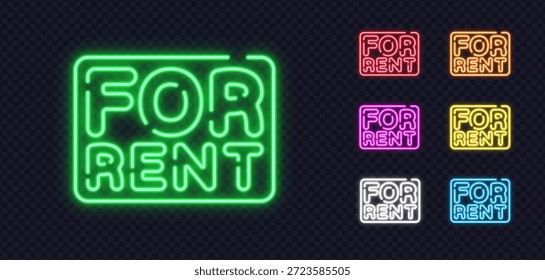 Bundle of FOR RENT neon signs in multiple shades, great for property listings, business spaces or rental announcements.