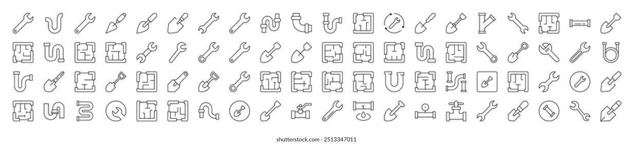Pacote de Ícones de Linha Relacionados a Reparo e Renovação. Traço editável para design, sites, aplicativos e cartões. Contém imagens lineares de planta de chão, pá, Spanner, tubo