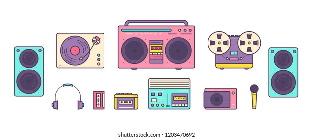 Bundle of retro analog music players, reel-to-reel and cassette recorders, turntable, headphones, mic, loudspeakers isolated on white background. Set of devices from 90s. Colored vector illustration.