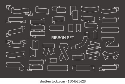Bundle of ribbon banners, wavy and folded tapes, bookmarks and flags drawn with white contour lines on black background. Collection of decorative design elements. Monochrome vector illustration.