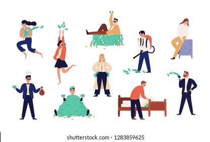 Bundle of rich men and women isolated on white background. Set of careless wealthy people, moneybags or nouveau riches throwing money bills, carrying and hiding them. Flat cartoon vector illustration.