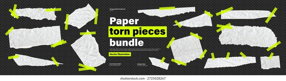 Paquete de papel de rasgar pegado a un pedazo de cinta adhesiva o cinta adhesiva verde ácido. Conjunto de hojas de cartón blanco desgarrado. Kit de Vector en como transparente png bg para proyectos de scrapbook o collage.
