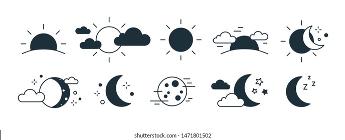 Bundle of rising or setting sun, crescent moon, cloud and stars symbols. Set of day and night time monochrome pictograms drawn with black contour lines on white background. Modern vector illustration.