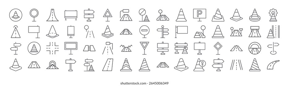 Conjunto de ícones de linha relacionados a estrada, caminho e cone de tráfego. Outline Signs para Gráficos e Web Design, Apps, Anúncios, Vários Cartões 