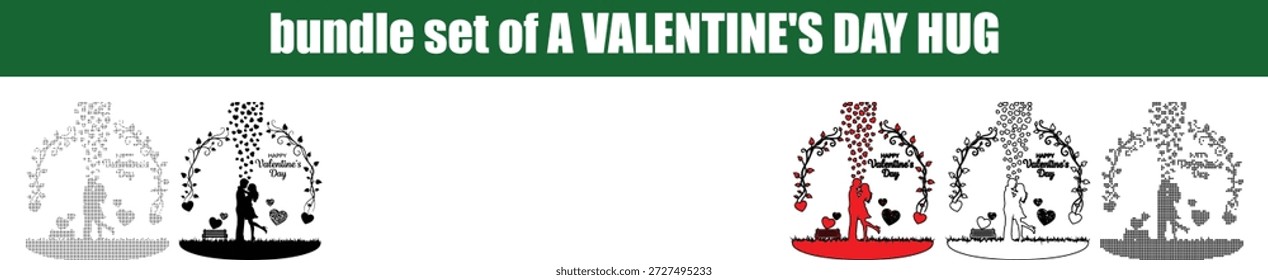 Un Paquete de ilustraciones románticas del día de San Valentín que presentan a una pareja abrazándose bajo un arco hermoso con corazones que caen Estas siluetas elegantes se representan en varios estilos que incluyen sólidos delineados y escala de grises que celebran el amor y la unión Perfecto para Anuncios de tarjetas o arte digital aislado sobre fondo transparente