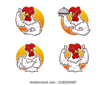 Bundle of Rooster cartoon characters mascot collection, flat illustration Vector
