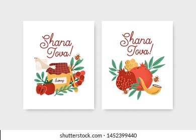 Bundle of Rosh Hashanah flyer or poster templates decorated by shofar horn, honey, apples, pomegranates and leaves. Flat cartoon colorful vector illustration for Jewish religious holiday celebration.