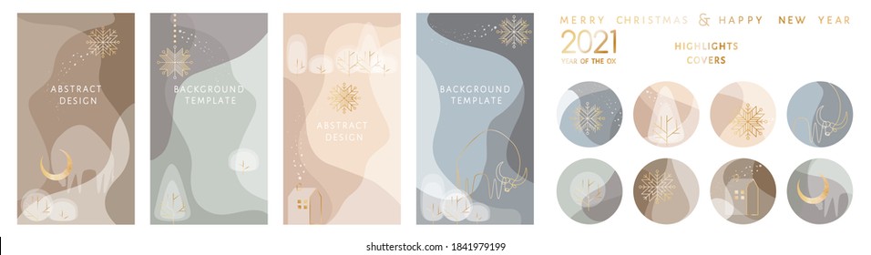 Bundle of round highlight stories covers. Vector layouts kit with minimal golden Ox - 2021 New Year mascot, snowflakes, winter landscape. Abstract modern trendy design for social media marketing ad