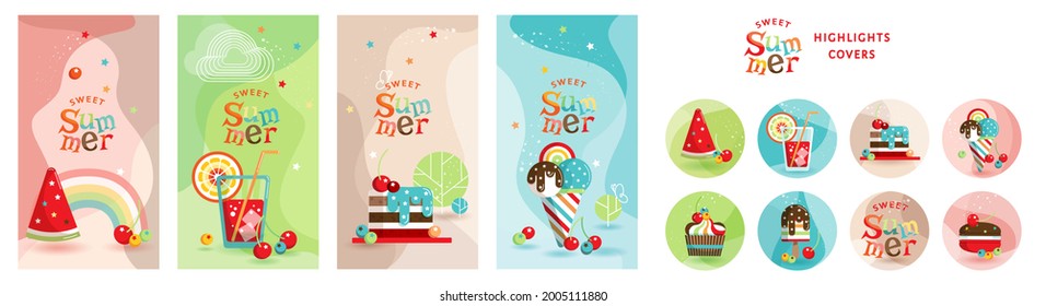 Bundle of round highlight stories covers. Vector layouts kit with summer sweets, cupcake, watermelon, juice, cherry, blueberry, cheesecake, ice cream. Abstract trendy design, social media marketing ad