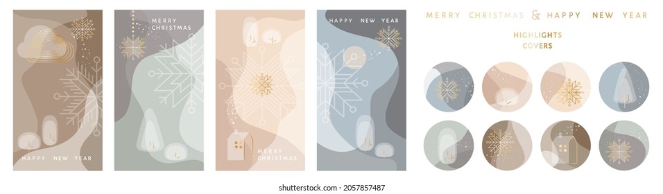 Bundle of round highlight stories covers. Vector layouts kit with minimal golden snowflakes, Christmas and New Year snowy winter landscape. Abstract modern trendy design for social media marketing ad