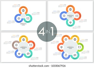 Bundle of round multicolored circles with linear icons inside placed around central polygonal elements. Minimal infographic design templates. Flat vector illustration for website, presentation.