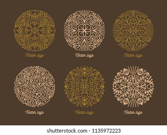 Bundle of round oriental ornaments drawn with contour lines. Set of circular Arabic mandalas or beautiful decorative design elements. Modern vector illustration in lineart style for logotype, label