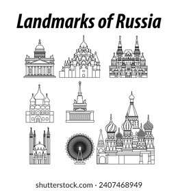 Bundle of Russia famous landmarks by silhouette outline style,vector illustration