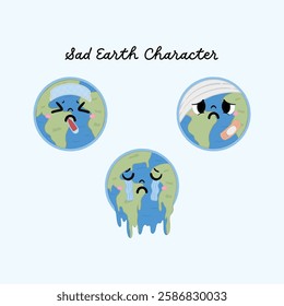 Bundle of sad earth character. Collection of crying earth character, feeling sick earth character, bandaged earth character on hand drawn style