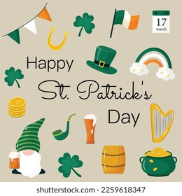 Bundle for Saint Patricks day. Set of holiday elements. Vector collection of isolated traditional Irish items - beer, shamrock, hat, flag etc