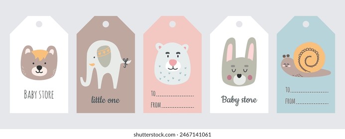 Bundle of sale labels with cute animals and handwritten letterings. Set of gift tag and label vector templates. Hand drawn funny characters for children's birthday gift, kids clothes, store