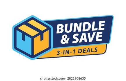 Bundle and save 3 in 1 deals badge vector template with shipping box icon for e commerce discount