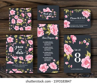 Bundle of Save The Date and RSVP Invitation Card. Invitation card with Peony background. Set of Floral vertical template with garden blooming flowers.