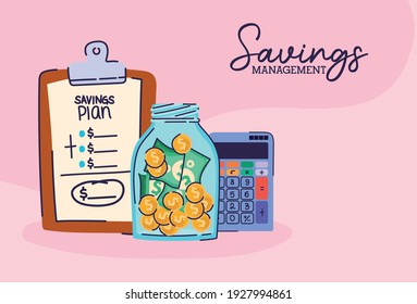 bundle of saving management icons and saving management lettering vector illustration design
