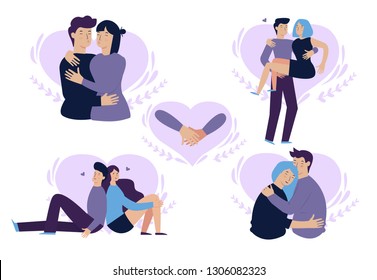 Bundle of scenes with adorable romantic couple. Man and woman kissing, hugging. Colorful illustration in flat cartoon style. Valentine's day set