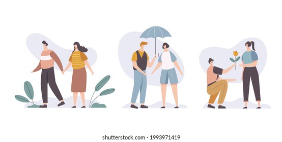 Bundle of scenes with adorable romantic couple. Lover couples cartoon vector Illustrations. happy romantic couples walking together, man spreading umbrella for woman, man giving woman flowers 
