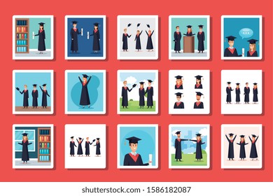 bundle of scenes graduation with young people vector illustration design