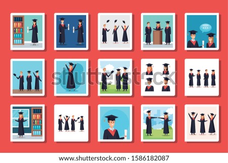 bundle of scenes graduation with young people vector illustration design