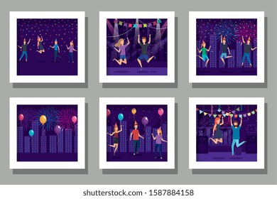 bundle of scenes people celebrating with decoration vector illustration design