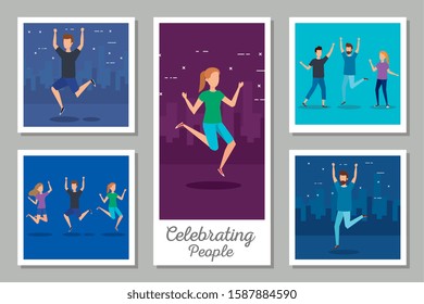 bundle of scenes people celebrating vector illustration design