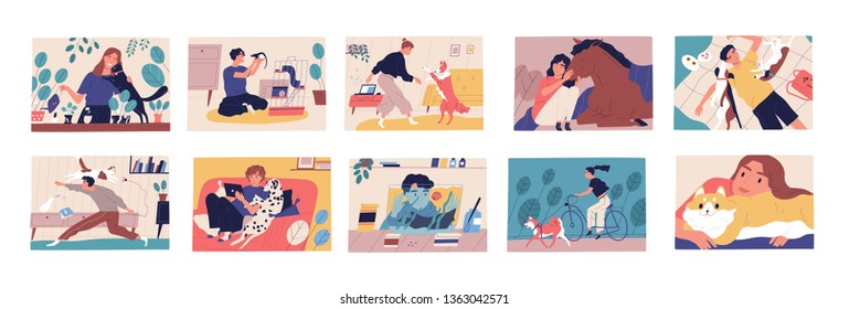 Bundle of scenes with pet owners. Collection of cute funny men and women spending time with their domestic animals, walking, cuddling and playing with them. Flat cartoon colorful vector illustration.