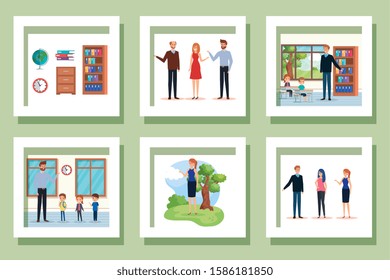 bundle of scenes school with teachers and students vector illustration design