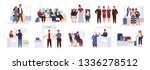 Bundle of scenes with tourists or aircraft passengers. Friends, families with children, couples at check-in, airport baggage reclaim area, waiting hall or in plane. Flat cartoon vector illustration.