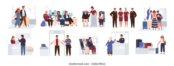 Bundle of scenes with tourists or aircraft passengers. Friends, families with children, couples at check-in, airport baggage reclaim area, waiting hall or in plane. Flat cartoon vector illustration.
