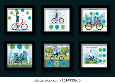 bundle of scenes young people and bikes vector illustration design