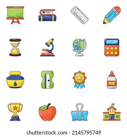 Bundle of School Elements Flat Icons 

