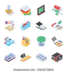 Bundle of School Equipment Isometric Icons

