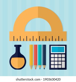 bundle of school supplies on a blue background vector illustration design