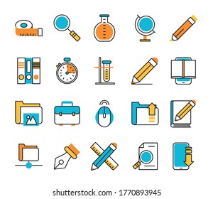 conjunto de suministros escolares conjunto iconos diseño de ilustración vectorial