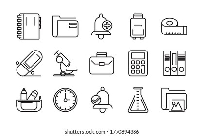 conjunto de suministros escolares conjunto iconos diseño de ilustración vectorial