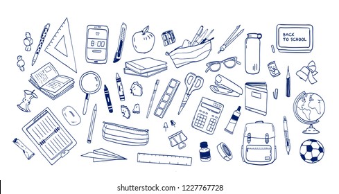 Bundle of school supplies or stationery hand drawn with contour lines on white background. Set of drawings of accessories for lessons, items for education. Monochrome realistic vector illustration.