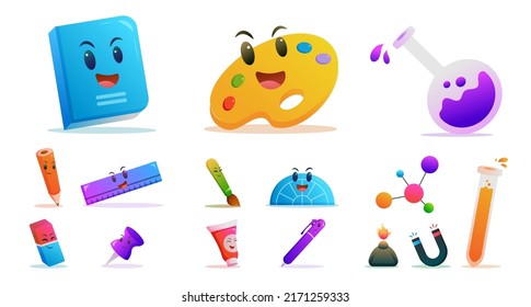 Bundle of school supplies or stationery hand drawn on white background. Set of drawings, painting, science of accessories for lessons, items for education. subject vector illustration. 