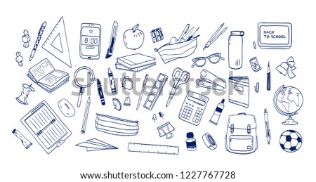 Bundle of school supplies or stationery hand drawn with contour lines on white background. Set of drawings of accessories for lessons, items for education. Monochrome realistic vector illustration.